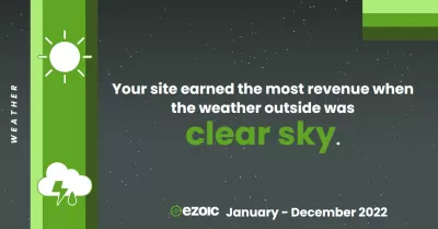 আমাদের * ইজাইক * হাইলাইটস 1 জানুয়ারী, 2022 থেকে 31 ডিসেম্বর, 2022 : আবহাওয়া - Our sites earned the most revenue when the weather outside was clear sky.