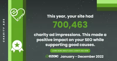2022年1月1日から2022年12月31日の私たちの Ezoicハイライト : チャリティー広告 - This year, our sites had 700,463 charity ad impressions. This made a positive impact on our SEO while supporting good causes.