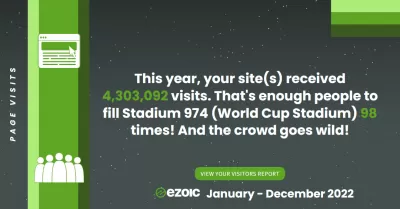 Nos faits saillants Ezoic du 1er janvier 2022 au 31 décembre 2022 : Visites de pages - Cette année, nos sites ont reçu 4 303 092 visites. C'est assez de monde pour remplir le stade 974 (stade de la coupe du monde) 98 fois ! Et la foule est en délire!