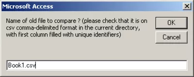 Come confrontare 2 file CSV con MS Access : Fig 6: Fornire il nome del primo file in Compare2CSVfiles-v1.2.mdb
