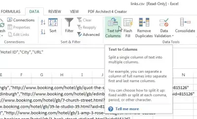 Excel లో CSV ని అతికించండి : Excel డేటా> నిలువు వరుసల ఎంపికకు టెక్స్ట్