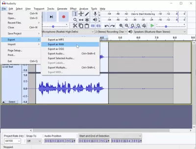 Jak łatwo nagrywać głos w systemie Windows 10 za pomocą Audacity? : Edycja menu> eksportuj jako WAV