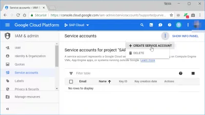 Kā izveidot Google Cloud pakalpojuma kontu? : Poga Izveidot pakalpojuma kontu