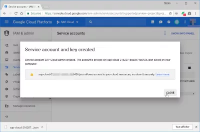 How to create a Google మేఘం service account? : GCloud సేవా ఖాతా మరియు కంప్యూటర్లో సృష్టించబడిన మరియు డౌన్లోడ్ చేయబడిన కీ