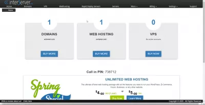 Przegląd hostingu między serwerami dotyczący tworzenia konta : Konsola administracyjna Interserver z jedną domeną i jednym hostingiem